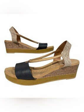 Malu Super Comfort Wedge Sandals Navy Tan US Size 8 Open Toe